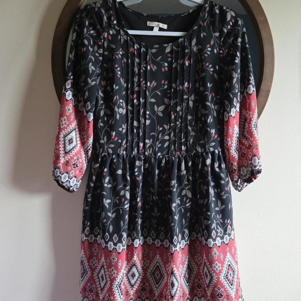 Skies Are Blue Western Black Dress With Red and White Geometric Pattern Size S